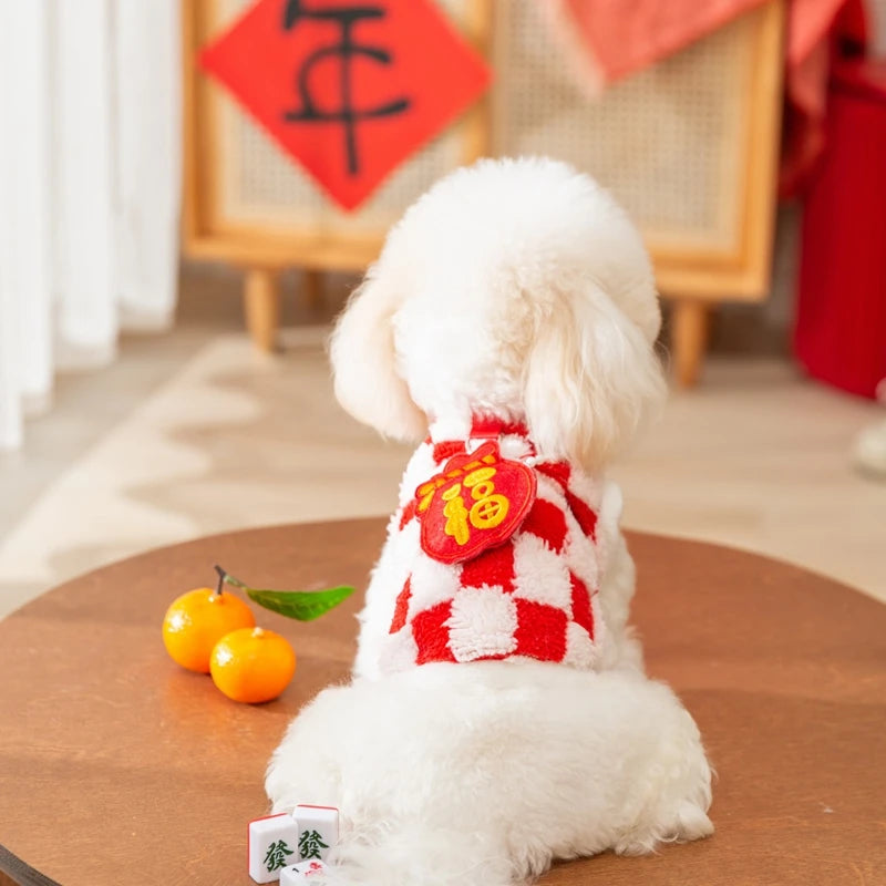 Red NEW YEAR Dog Winter Clothe Lovely Chessboard Puppy Knit Sweaters Warm New Year Clothing for Cats French Bulldog Pet Supplies