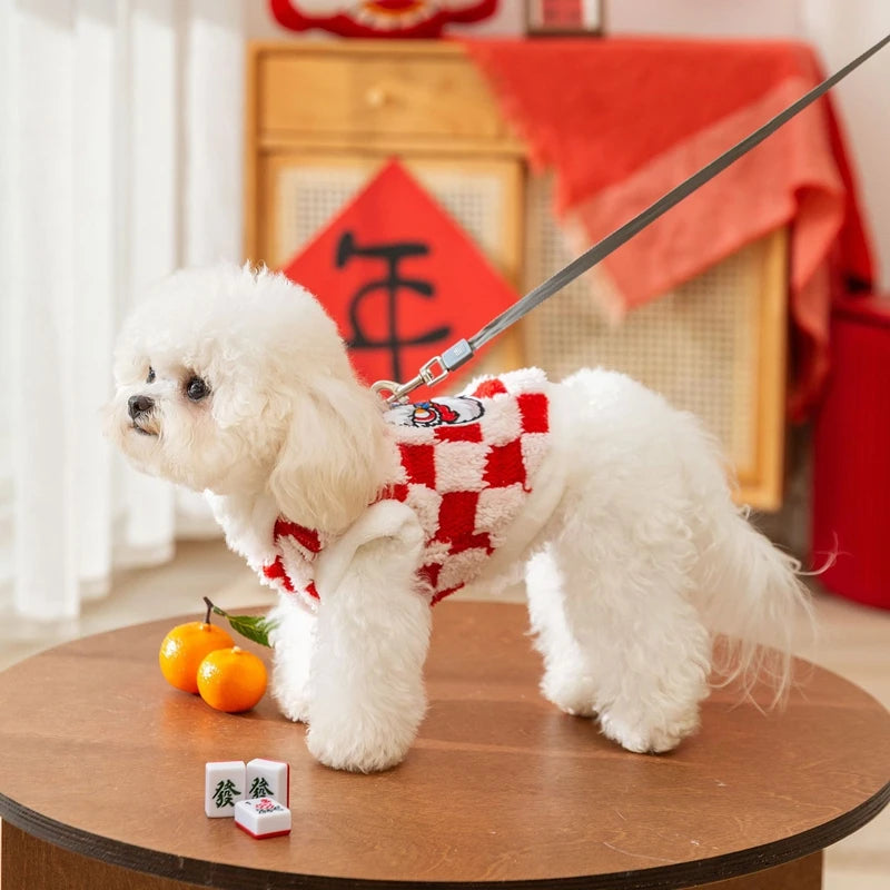 Red NEW YEAR Dog Winter Clothe Lovely Chessboard Puppy Knit Sweaters Warm New Year Clothing for Cats French Bulldog Pet Supplies