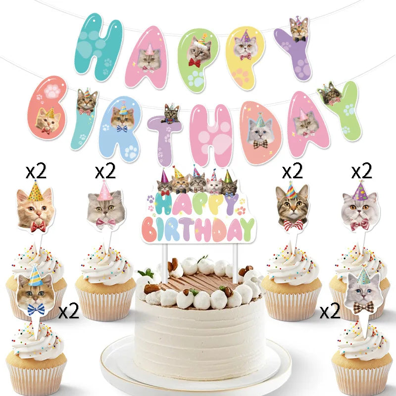 Pet Cats Happy Birthday Party Decoration Banner Happy Birthday Cake Topper Party Decor Garland for Cat Birthday Decor Supplie