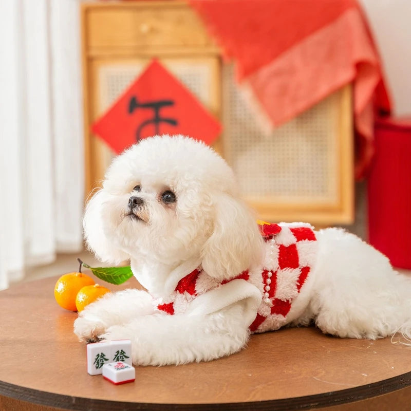 Red NEW YEAR Dog Winter Clothe Lovely Chessboard Puppy Knit Sweaters Warm New Year Clothing for Cats French Bulldog Pet Supplies