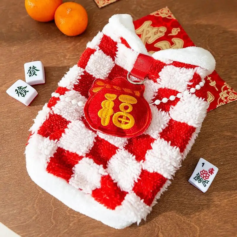 Red NEW YEAR Dog Winter Clothe Lovely Chessboard Puppy Knit Sweaters Warm New Year Clothing for Cats French Bulldog Pet Supplies