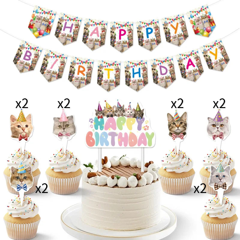 Pet Cats Happy Birthday Party Decoration Banner Happy Birthday Cake Topper Party Decor Garland for Cat Birthday Decor Supplie