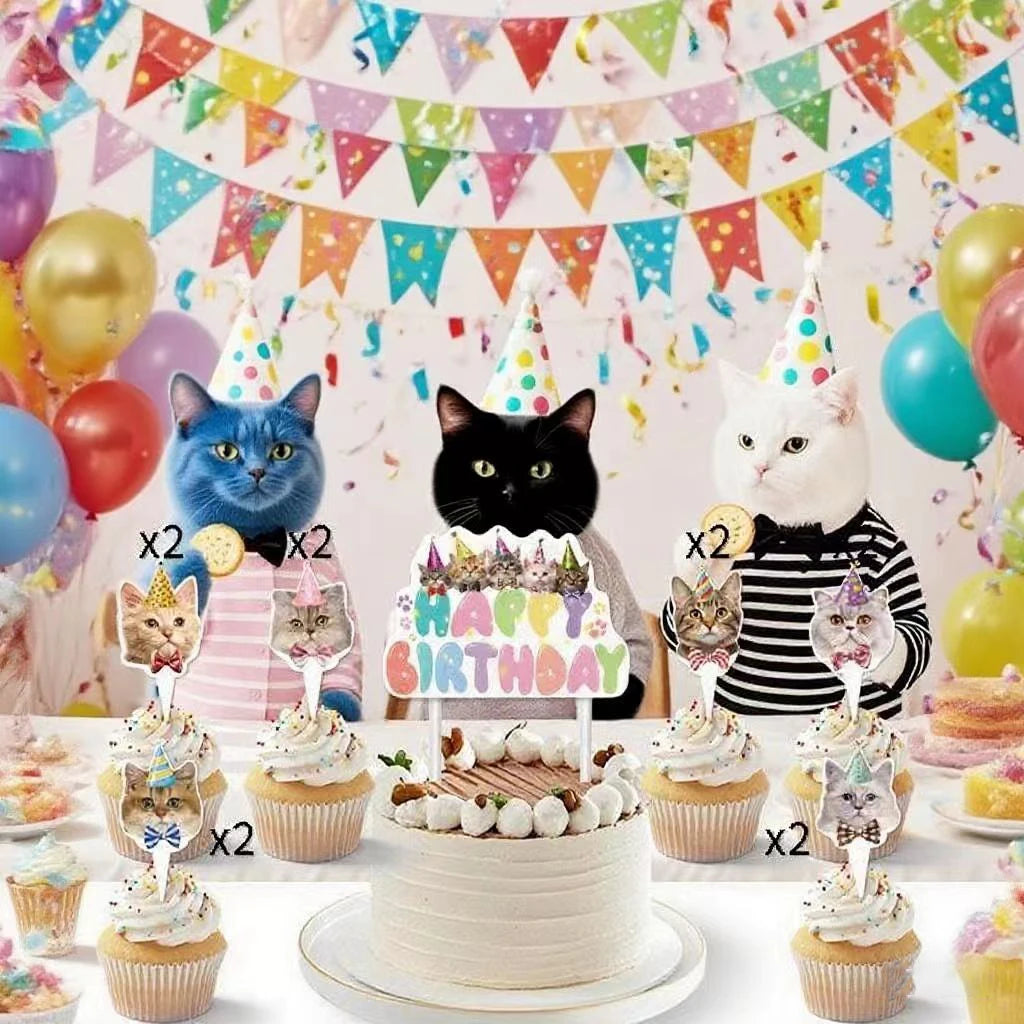 Pet Cats Happy Birthday Party Decoration Banner Happy Birthday Cake Topper Party Decor Garland for Cat Birthday Decor Supplie